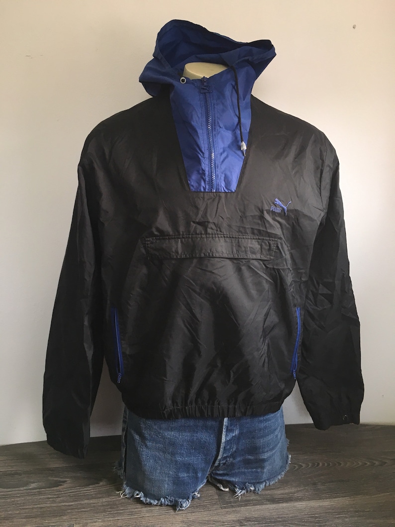 Puma Windbreaker Vintage Hooded Quarter Zip Jacket Black Blue Nylon Rare Running Workout Street Style Fashion Coat Large image 1