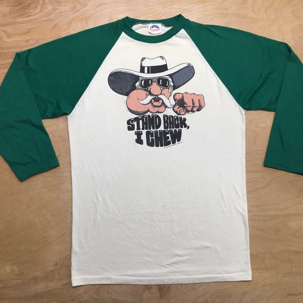 Vintage Chewing Tobacco 70s Humor Tee Stand Back I Chew Cartoon Comic Shirt Cowboy Mustache Funny Big League Cascade Mountain Tee Size Med