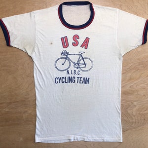 USA Cycling Team shirt 1970s soft and thin vintage tshirt NJ BC red white blue ringer tee