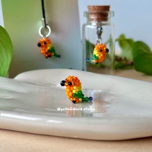 Sun Conure Beaded Bird Charm • Tiny Desk Buddy or Cell Phone Charm • cute little handmade birds