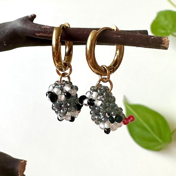 African Grey Beaded Bird Earrings • cute handmade jewelry