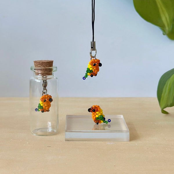 Beaded Sun Conure Bird • Tiny Desk Buddy or Cell Phone Charm • cute handmade charms