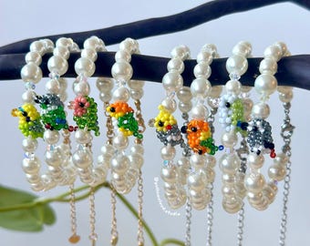 Parrot Bracelet with Glass Pearl Beads • cute handmade bird jewelry • gifts for bird lovers