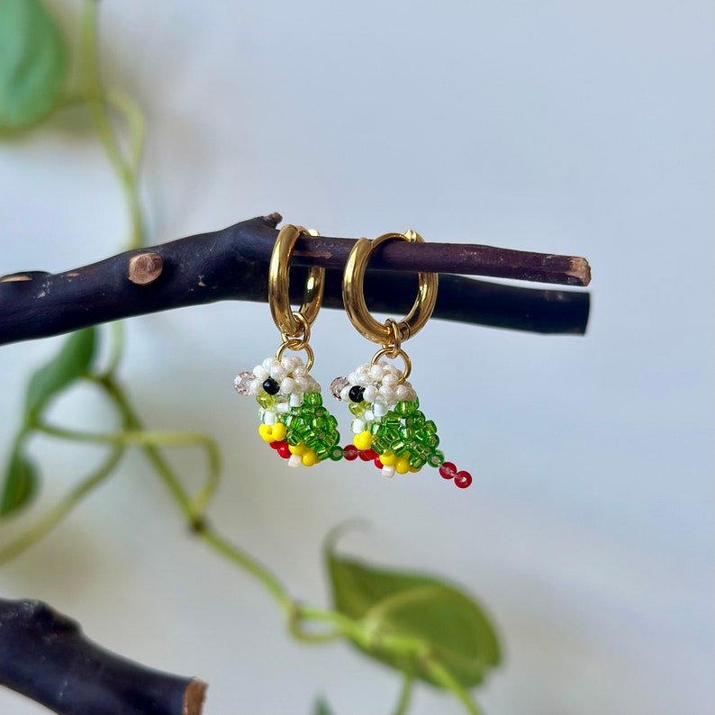 May include: A pair of gold hoop earrings with small beaded bird charms. The birds are green, white, red, and yellow.