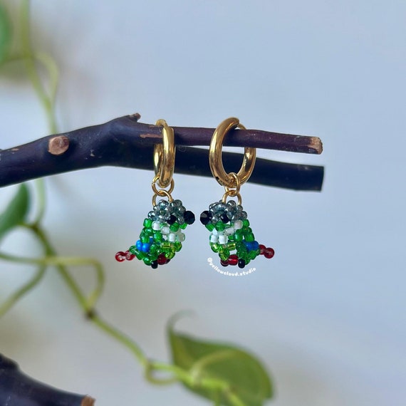 Green Cheek Conure Earrings • little beaded birds • cute handmade jewelry • gifts for bird lovers