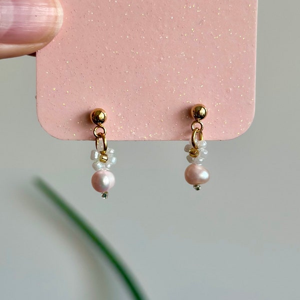 Mini White Beaded Flower and Pink Pearl Earrings • cute handmade jewelry