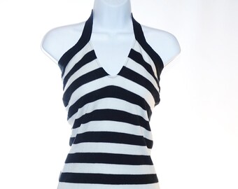 Y2K Body Con Dress Wet Seal Dress Women's Size Small S 90s Body Hugging Sweater Black White Striped Halter