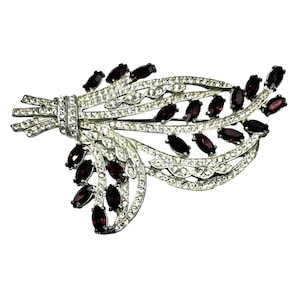 Vintage Rhinestone Brooch Garnet Red Art Deco Style Elegant Floral Leaf Design Silver Tone Costume Jewelry Pin