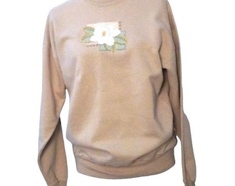 Top Stitch by Morning Sun Sweatshirt Womens Medium Tan Magnolia Floral Pullover