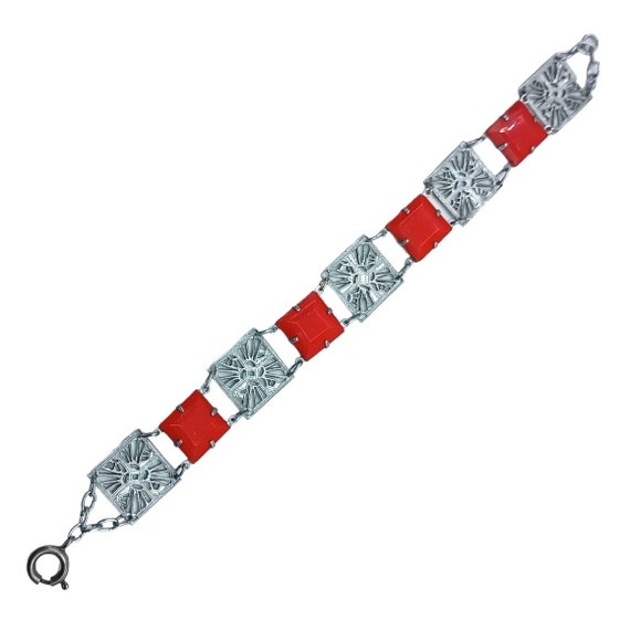 Art Deco Bracelet Red Glass SIlver Tone Link Pane… - image 4