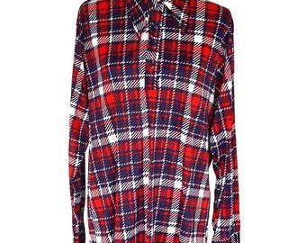 Camisa vintage Kings Road Sears a cuadros para hombre, talla XL, roja y azul, años 70, de Arnel Triacetate.