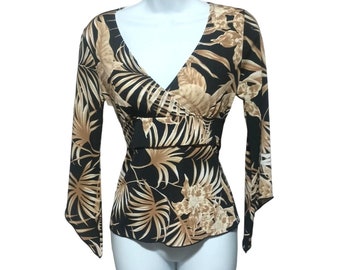 Y2K Kona Tropical Top Shirt Blouse Womens Size M Faux Wrap Angel Sleeve Vintage
