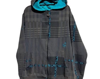 Y2K Volcom Full Zip Hoodie Mens M Gray Teal Good Plaid Graphic Skate Sweatshirt