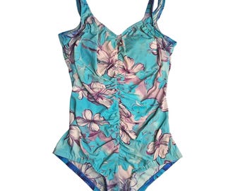 Le Cove One Piece Swimsuit Women Size 18 Turquoise Floral Ruched Front