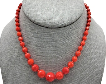 Vintage Germany Glass Beaded Necklace Lipstick Red Faceted Beads Jewelry