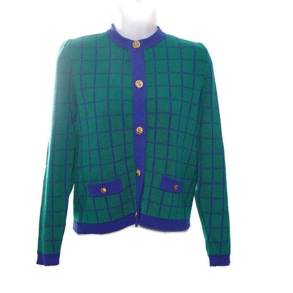 Vintage Sweater Women's Size 8 P Green Plaid Button Down Sweet Preppy Librarian Laura Petites by Alyzia 80's