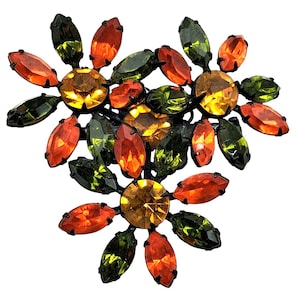 Vintage Rhinestone Flower Brooch Orange Green Yellow Japanned Setting Autumn Floral Pin Jewelry