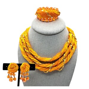 Vintage Beaded Jewelry Set Glass Beads Necklace Bracelet Earrings Yellow Orange Gold Tone Costume