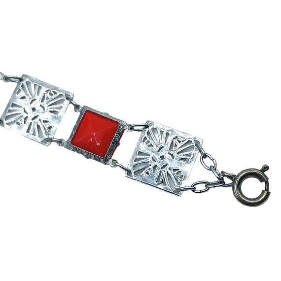 Art Deco Bracelet Red Glass SIlver Tone Link Pane… - image 7
