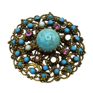 Vintage Czech Brooch Hubbel Glass Pink Rhinestone Faux Pearl Pin Jewelry