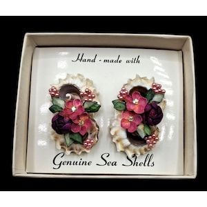 Vintage Sea Shell Earrings NOS Flowers Beads Shells Crystals Pink Purple Jewelry