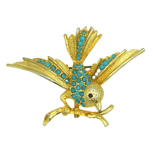 Vintage Bird Brooch Turquoise Ballotini Beads Red Crystal Eye Numbered Brooch Figural Pin Boucher Sphinx Jewelry