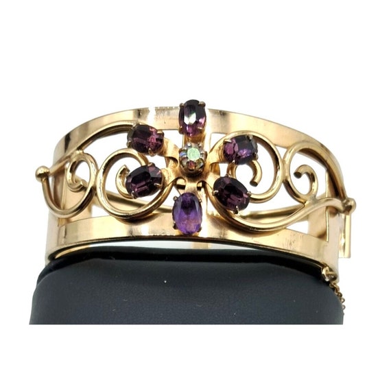Coro Purple Rhinestone Bangle Bracelet Safety Cha… - image 1