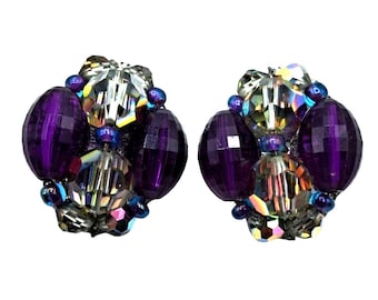 Vintage Purple Beaded Cluster Earrings with Aurora Borealis Crystals Jewelry