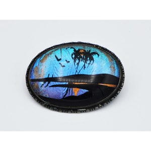 Butterfly Wing Brooch, Sterling Silver, Oval Pin, Morpho Blue Wings, Beach Scene, 1920&#39;s Palm Trees and Birds