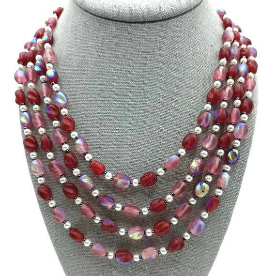Collier Vintage Multi-rang En Perles De Verre Rose/rouge Bordeaux - Bijou Rétro Sans Marque