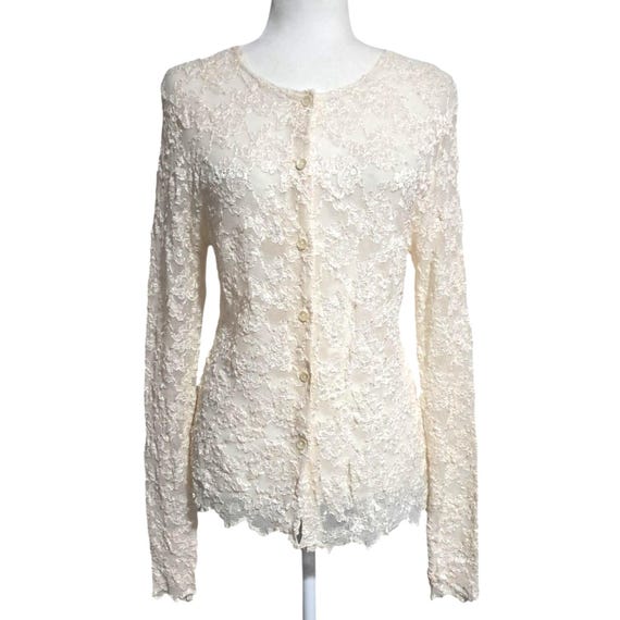 Hu-Hu Floral Lace Blouse Women XL Cream Sheer Button Up Long Sleeve Top Vintage