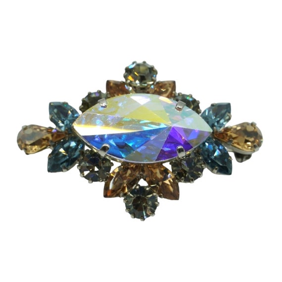 Vintage Austria Brooch Blue Topaz Rhinestones Lar… - image 1