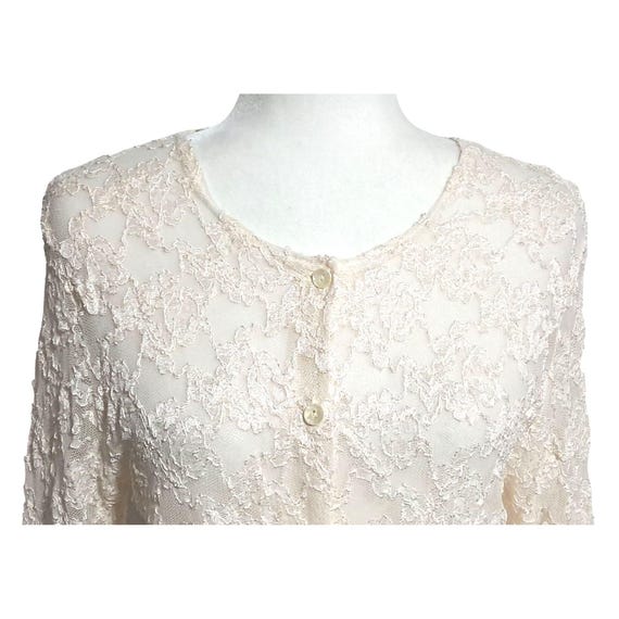 Hu-Hu Floral Lace Blouse Women XL Cream Sheer Button Up Long Sleeve Top Vintage View 6