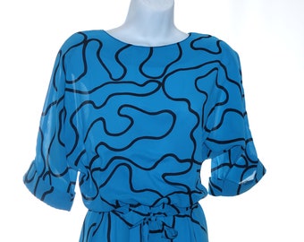 80s Vintage Blouson Blue Dress Black Design Button Back Elastic Waist Dolman Half Sleeve Miss Oops