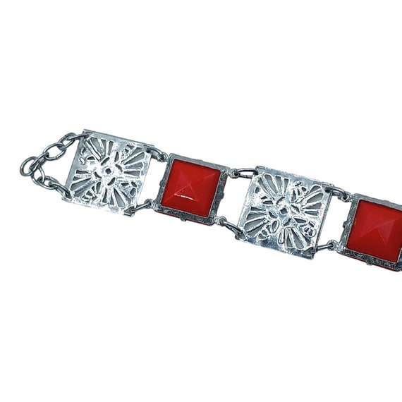 Art Deco Bracelet Red Glass SIlver Tone Link Pane… - image 8