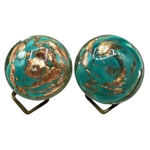 Vintage Murano Glass Earrings Signed  Made Italy Green Gold Glitter Clip Ons Costume Jewelry