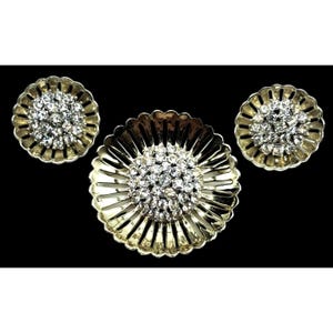 Weiss Strass Brosche Ohrringe Schmuck-Set Gold Ton klare Steine Vintage Modeschmuck