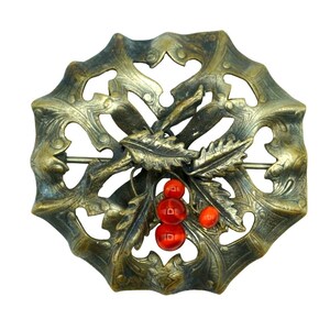 Vintage Red Glass Berries Brooch Repousse Setting Sash Pin Victorian Jewelry