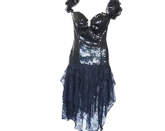 Vintage Climax Dress David Howard Karen Okada Cocktail Party Black Sequins Lace Rhinestones 80s
