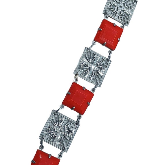 Art Deco Bracelet Red Glass SIlver Tone Link Pane… - image 2