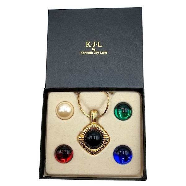 KJL Pendant Necklace Mogul Moghul Interchangeable Jewels Red Blue Green White Black Cabochons Signed Jewelry
