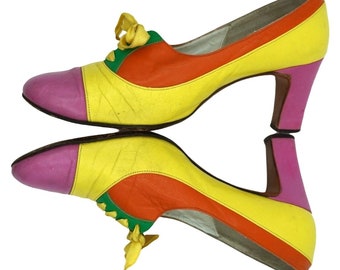 Vintage Color Block Shoes Oxford Pumps Multi-Colored High Heels Leather Soles by Mackey Starr Leather Pumps Lace Up Shoes