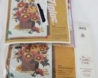 Vintage Crewel Embroidery Kit Lot of 2, Wildwood Bouquet 0603 The Creative Circle, Craft Kit, Basket of Flowers, Floral Designs, Boho Decor