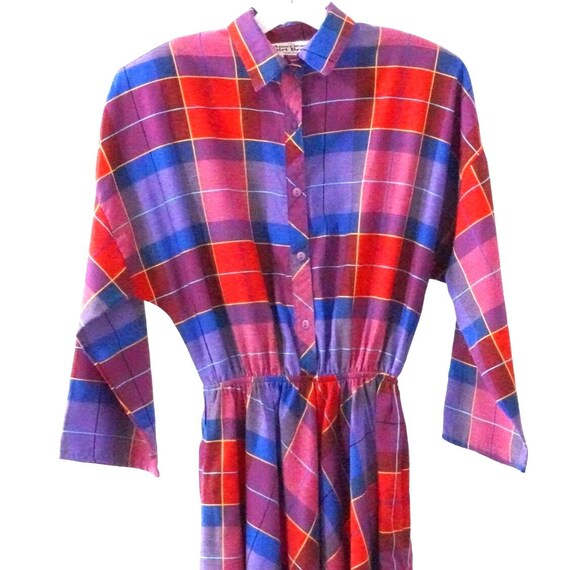 Vintage American Shirt Dress Purple Red Plaid Siz… - image 2