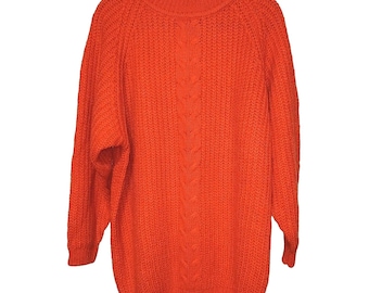 Sostanza Sweater Women Medium Orange Vintage Mock Neck Cable Knit Raglan Sleeve