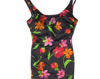 Beach Cabana Swimsuit Womens Medium Black Floral Scoop Neck Vintage