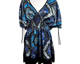 Y2K Smocked Babydoll Tunic Blouse Womens Large Boho Paisley Print Gemstone USA