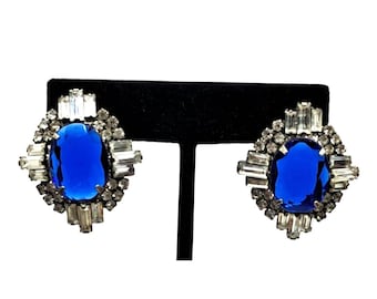 Vintage Rhinestone Earrings Blue Clear PIerced Post Costume Jewelry