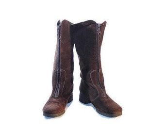 Vintage Boots Women's Size 9 Narrow Brown Leather with Faux Fur Lining Boho Hippie Campus Janis Joplin Style