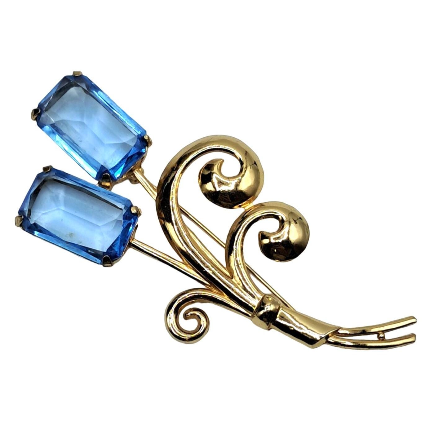 Vintage Gold Tone Floral Brooch With Blue Glass Stones Costume Jewelry